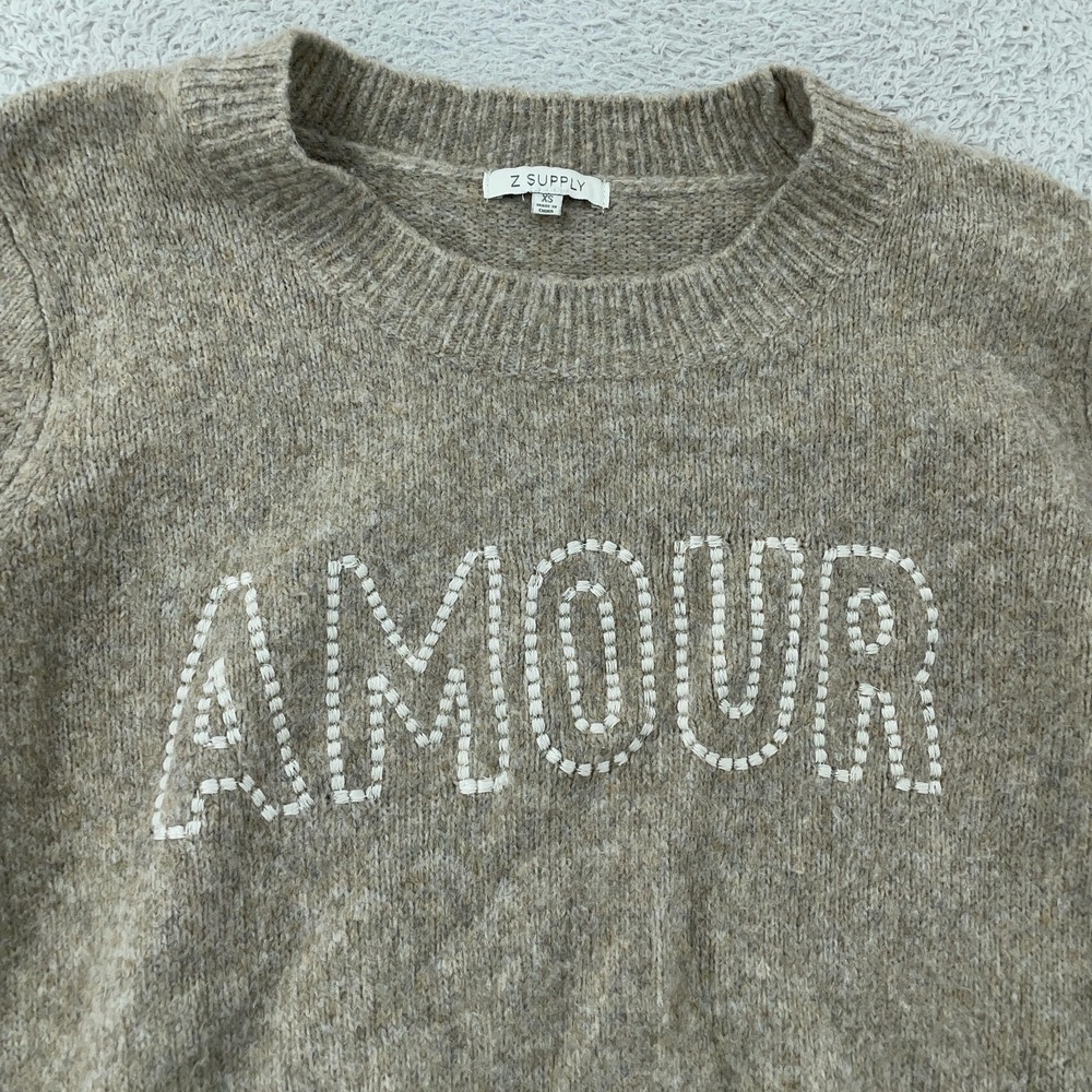 Z Supply Cropped Sweater Women's XS Taupe Heather Amour‎ Knit Pullover Graphic